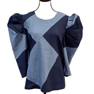 Ashro Patchwork Denim Look Top 16 XL Puff Sleeve Colorblock Dramatic Blouse New